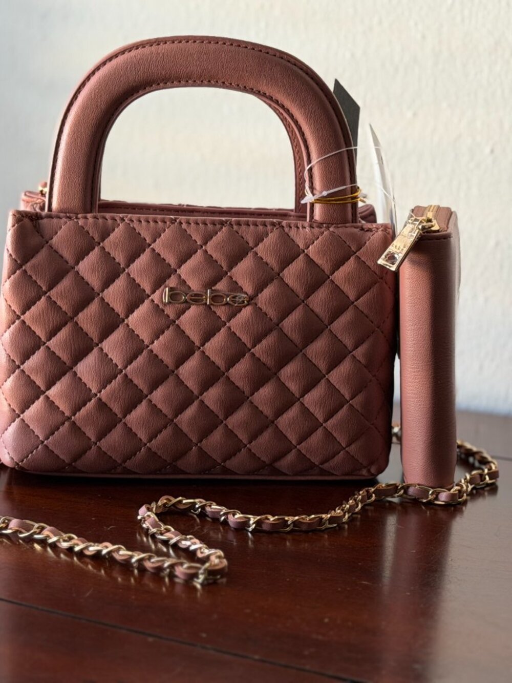 bebe Sofie Small Quilted Satchel with Matching Wallet Dark Blush NWT